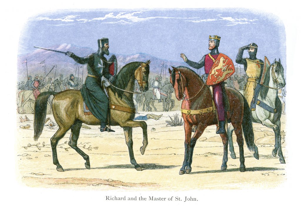 Vintage colour engraving from 1864 showing King Richard the Lionheart talking with the Leader of the Knights of St John